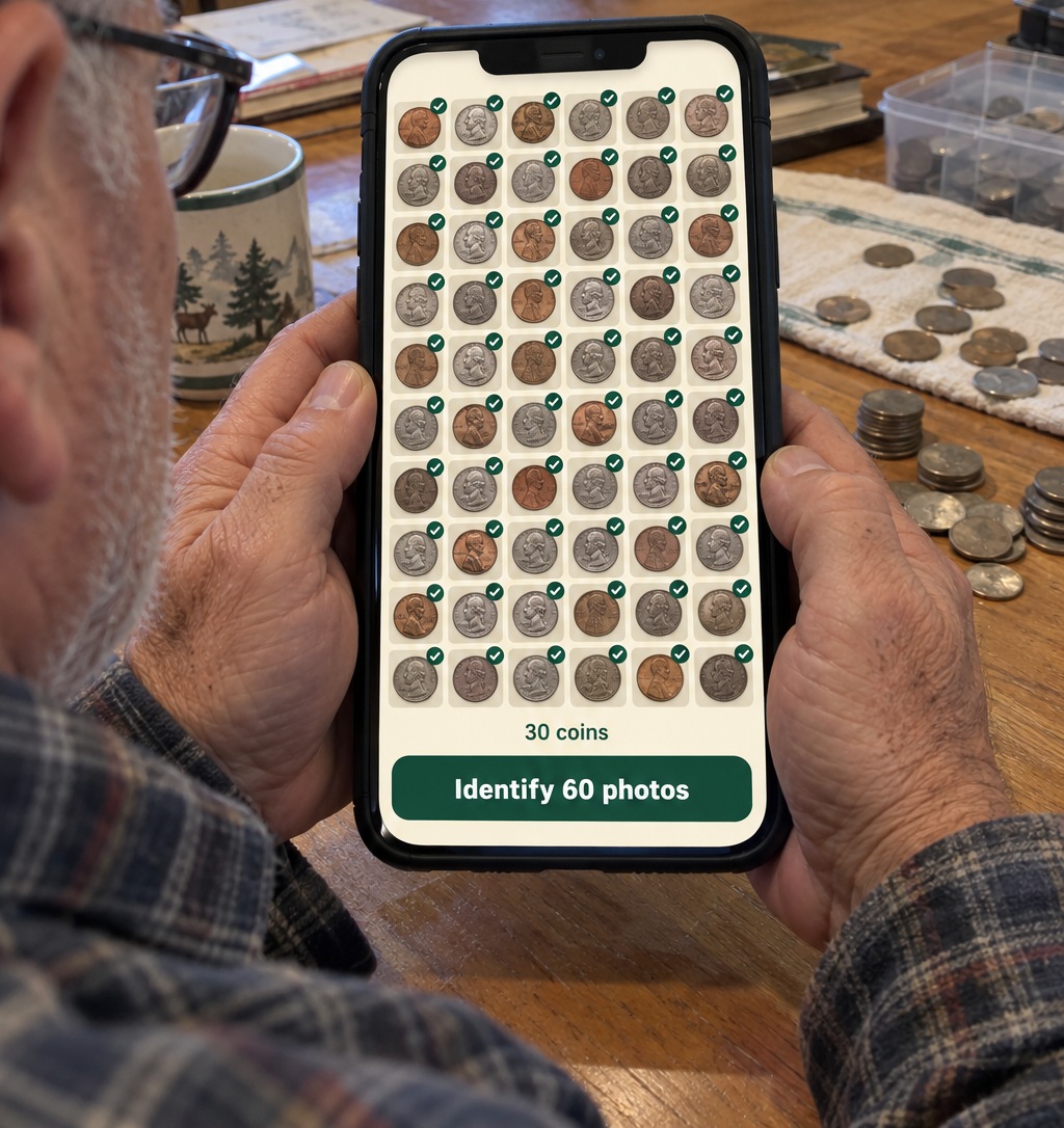 A person selecting a batch of coin photos on a phone