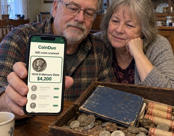 Couple looking at an inherited box of coins