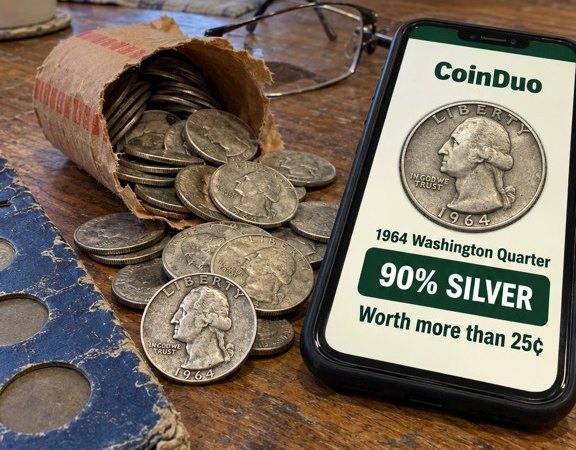 Silver Washington quarters spilling from a coin roll